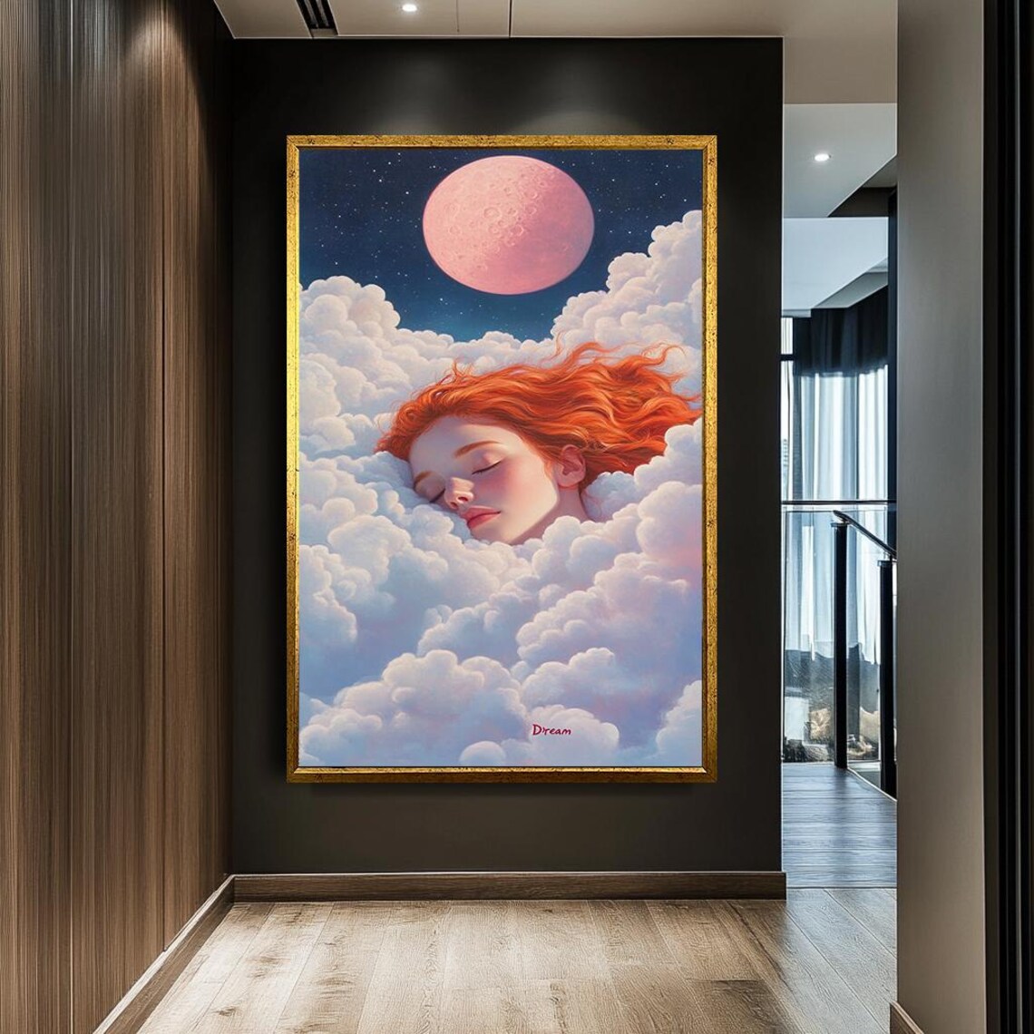 Sleeping Girl In Clouds Pink Moon Dream Surreal Ethereal Wall Art - Image 3
