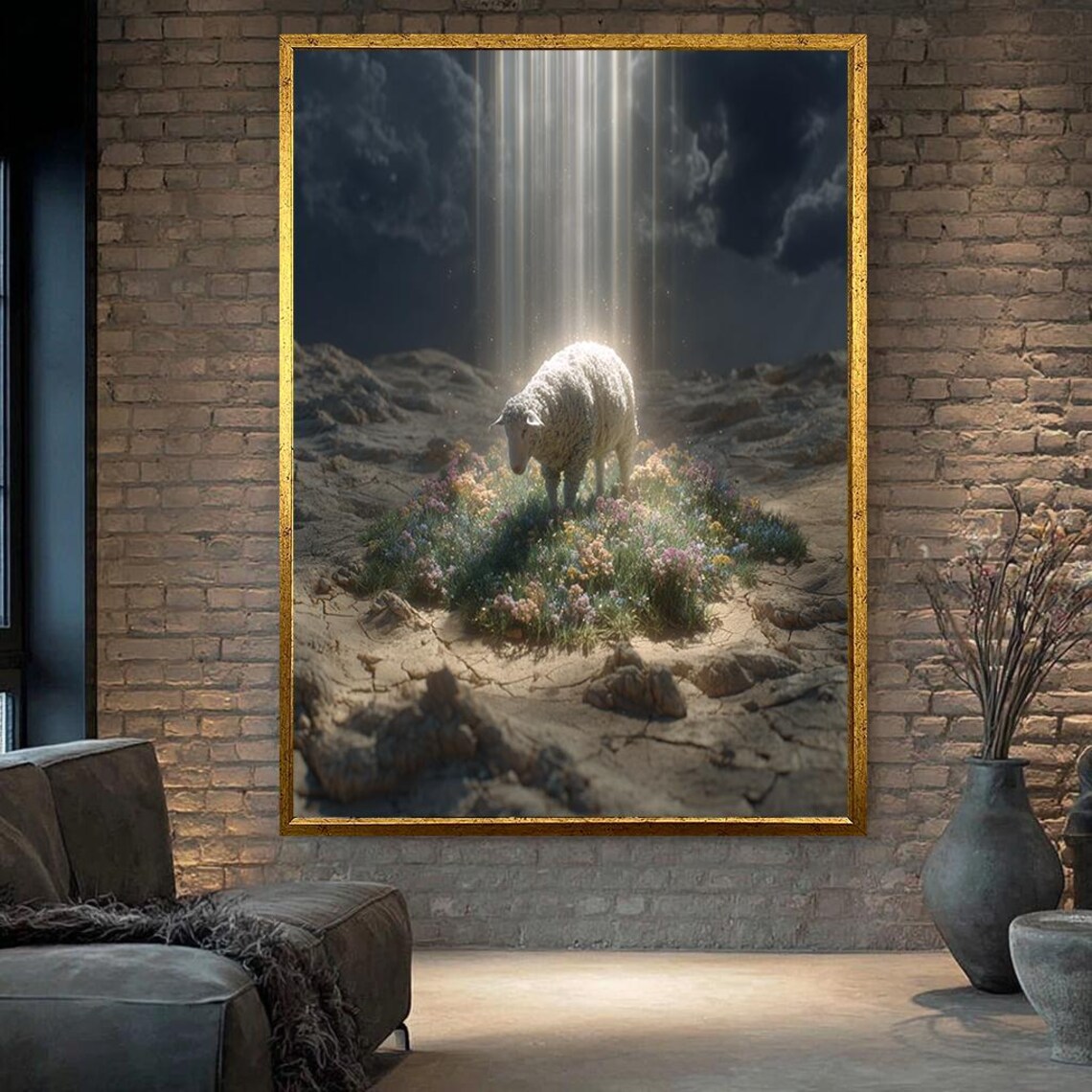Lamb Under Divine Light Desert Flowers Christian Faith Poster
