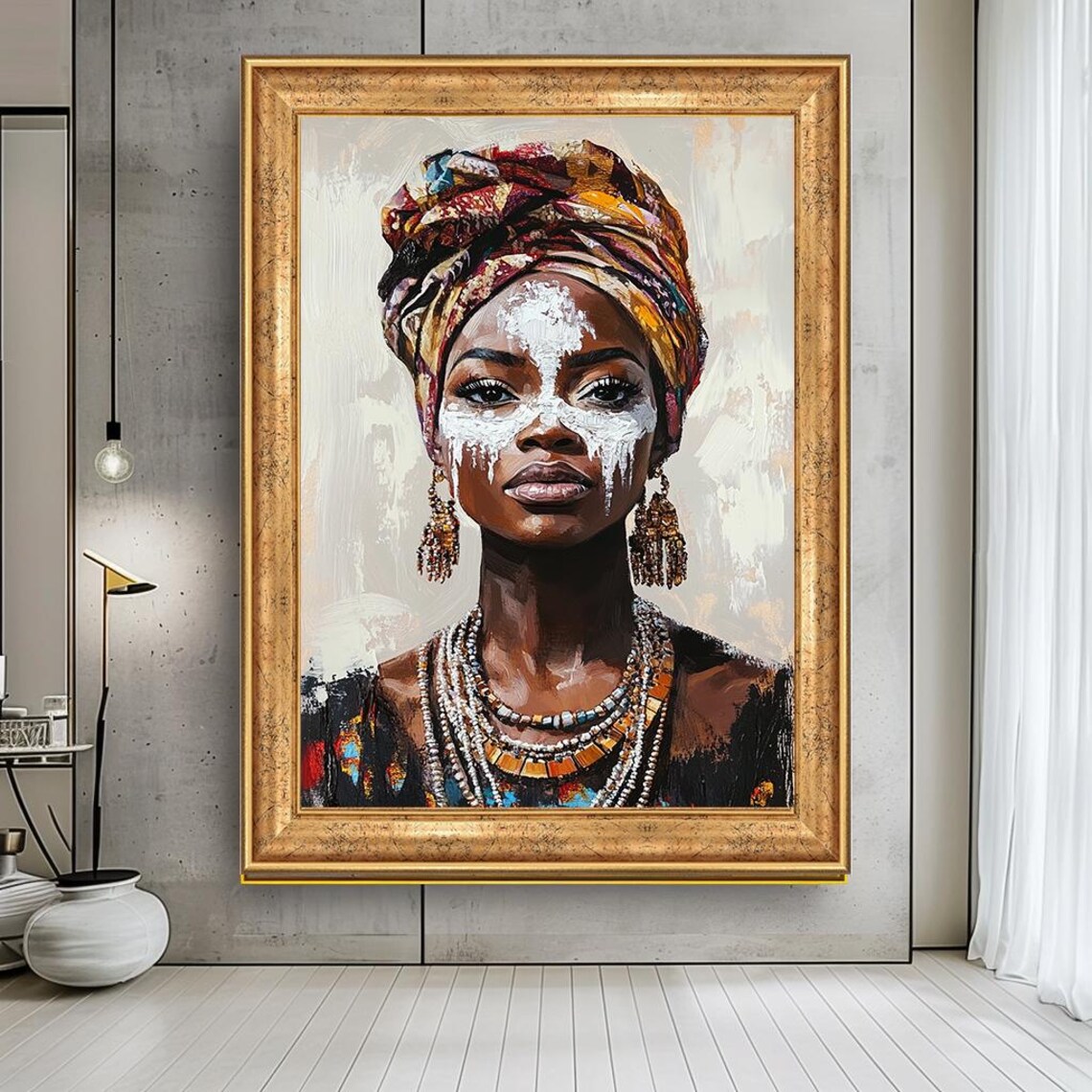 African Queen Headwrap Beaded Jewelry Cultural Portrait Art Poster
