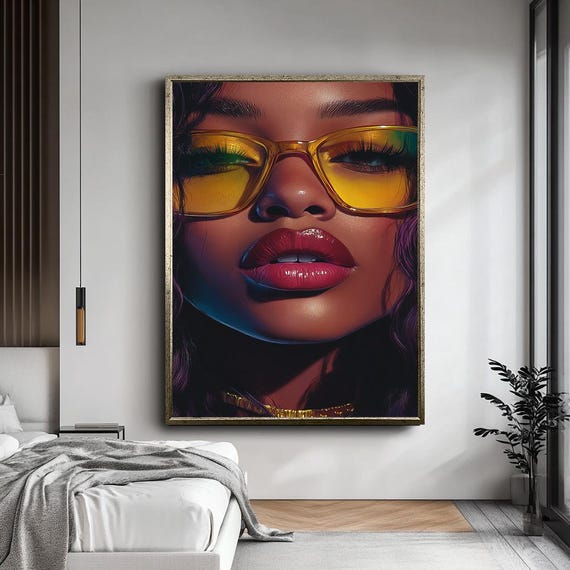 Modern Woman Portrait Canvas With Yellow Glasses Bold Fashion Art Print Glam Wall Decor Large Statement Stylish Home