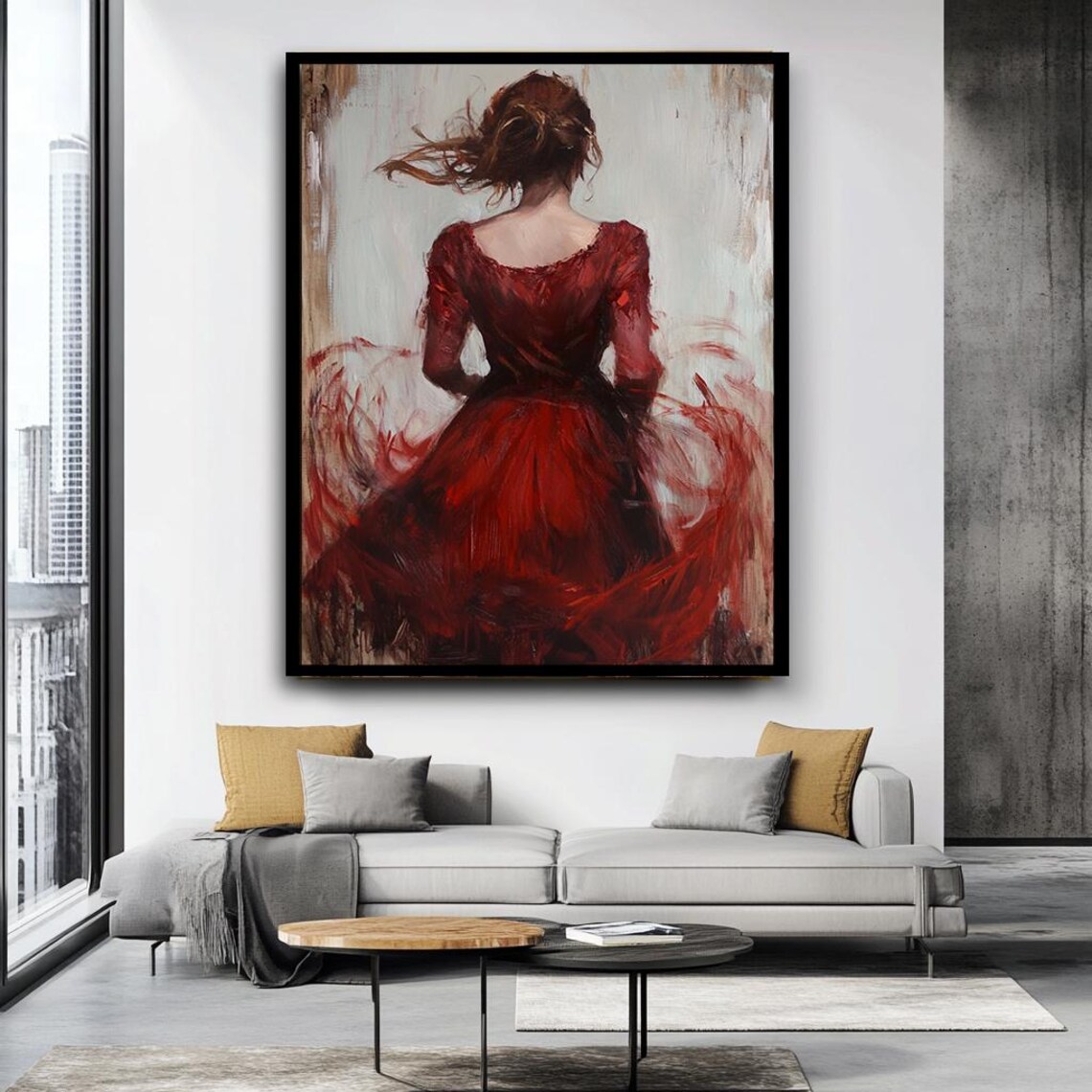Woman In Flowing Red Dress Back View Emotional Painterly Art Poster - Image 4