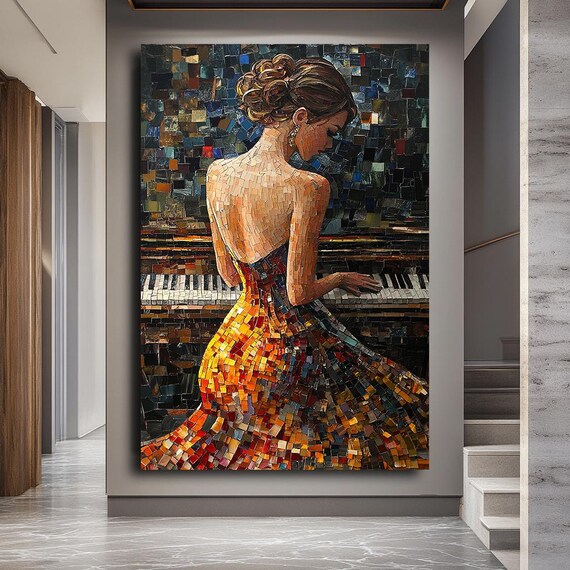 Mosaic Woman Pianist Piano Keys Colorful Music Lovers Wall Art