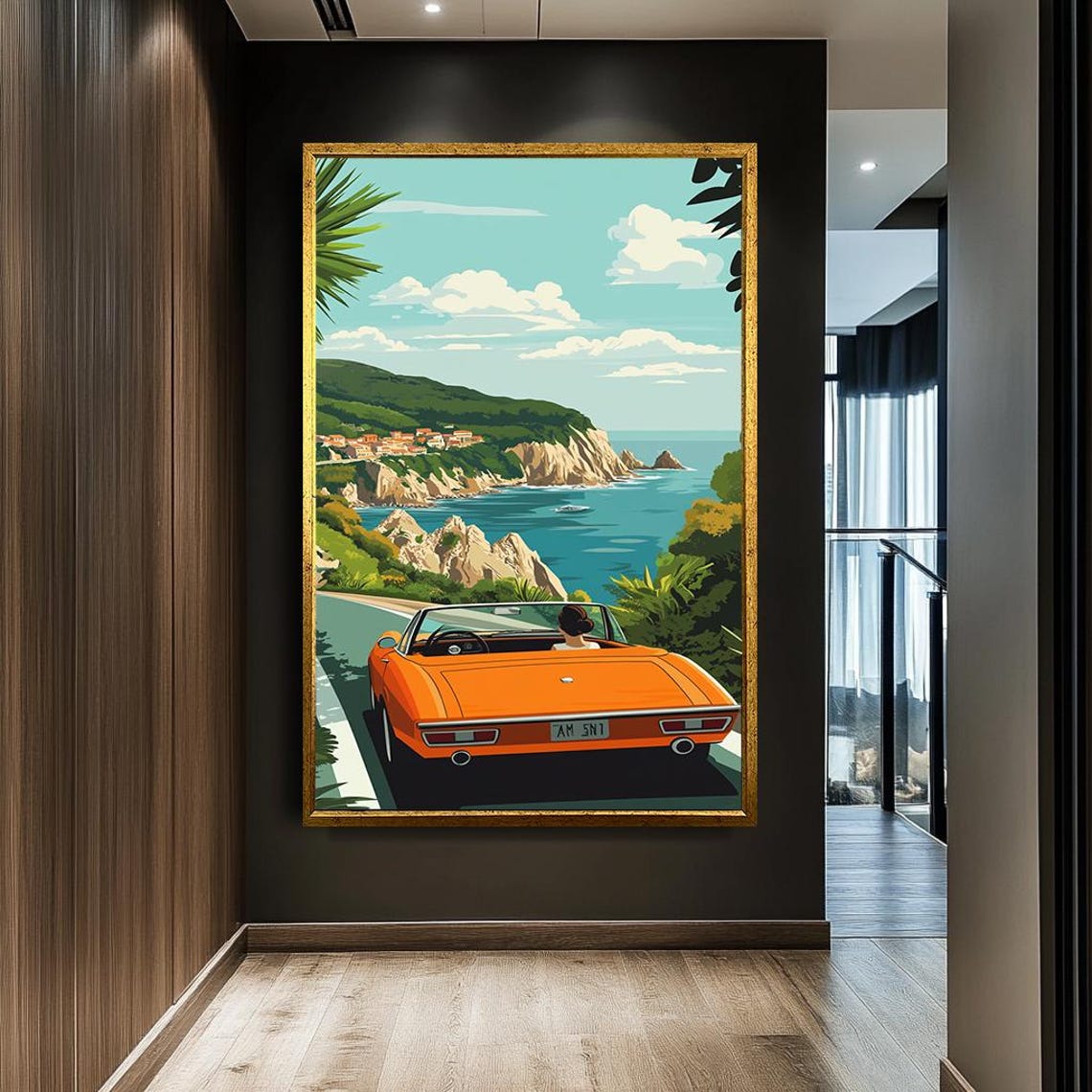 Vintage Orange Convertible Coastal Road Trip Seaside Drive Poster