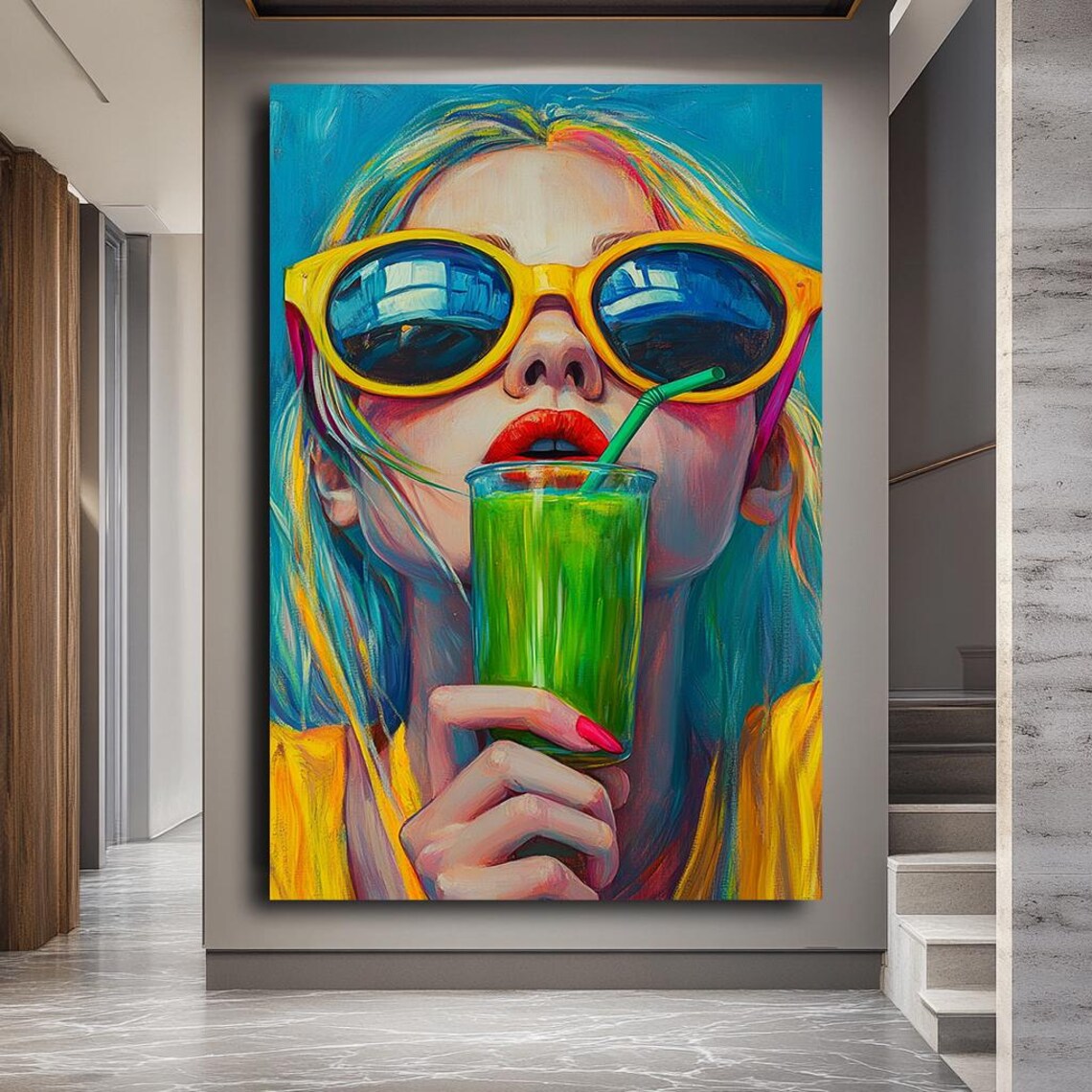 Retro Woman Yellow Sunglasses Green Smoothie Colorful Pop Art Poster - Image 3