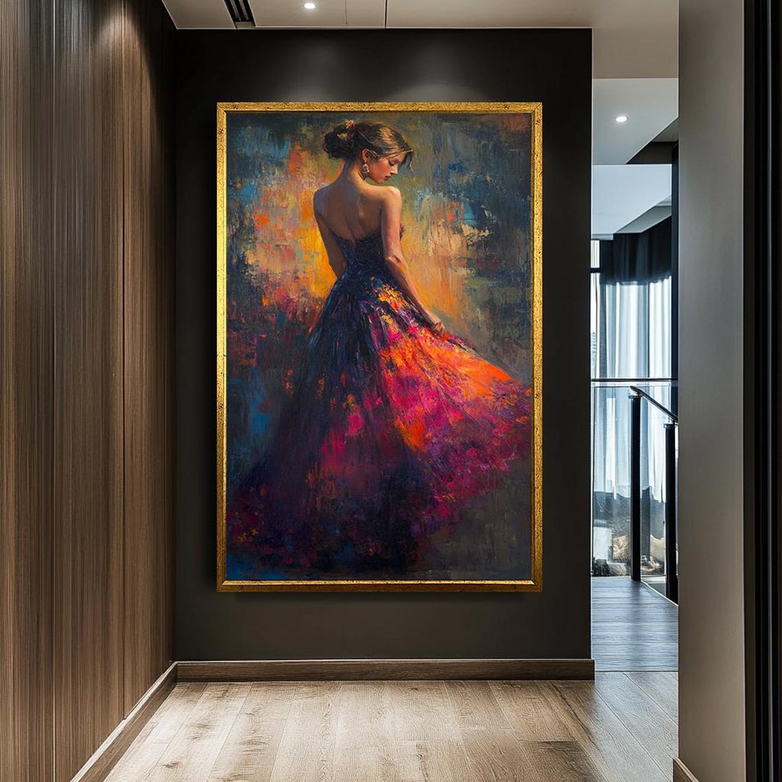 Woman In Flowing Dress Print Vibrant Impressionist Painting Modern Feminine Wall Art For Living Room Colorful Dress Artwork - Image 5