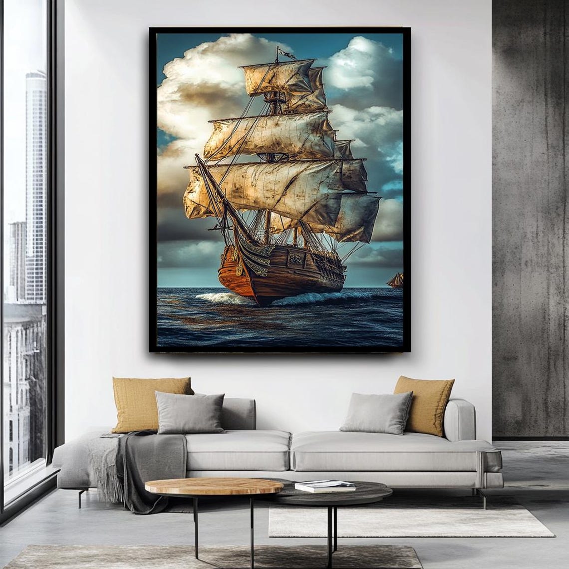 Vintage Tall Ship Full Sails Dramatic Ocean Nautical Painting Poster - Image 4