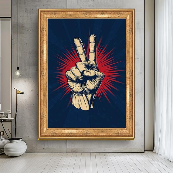 Victory Hand Symbol Print Retro Style Peace Sign Wall Art Bold Statement Piece For Living Room Bedroom Or Office Decor