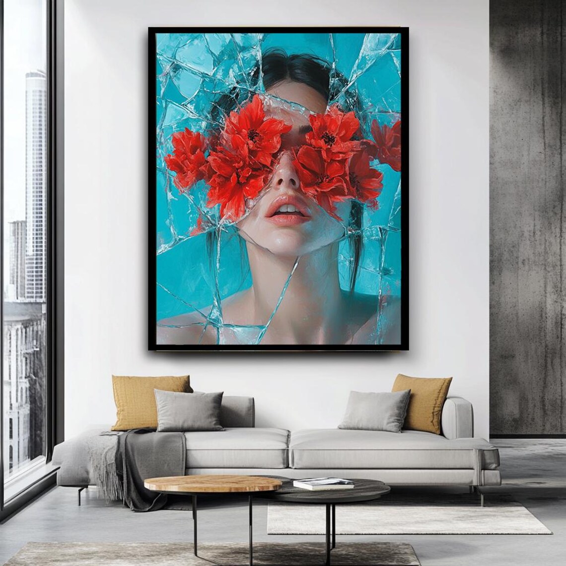 Surreal Woman With Red Flowers Shattered Glass Effect Art Poster - Image 4