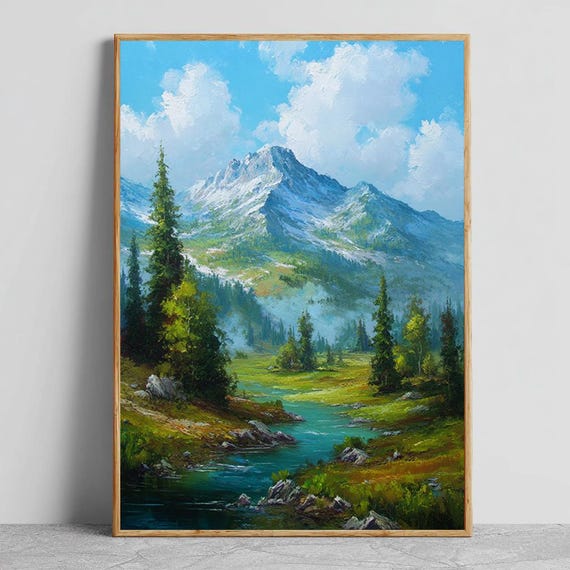 Mountain Landscape Canvas Print Snowy Peaks River Wall Art Peaceful Nature Painting Rustic Cabin Decor Scenic Wilderness