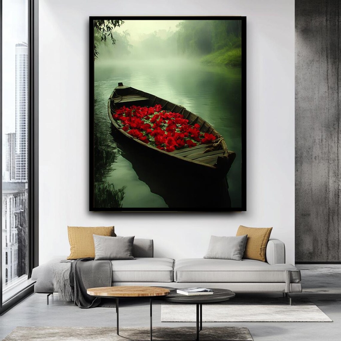 Wooden Boat Full Of Red Flowers Misty River Tranquil Wall Art - Image 4