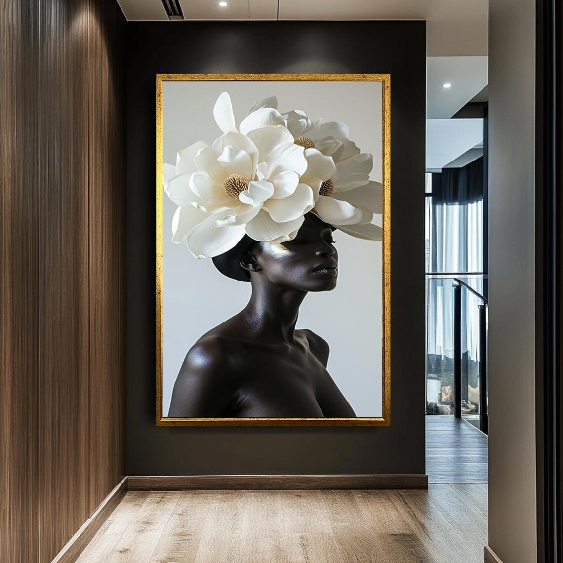 Elegant Black Woman with White Magnolias Floral Portrait Art Poster