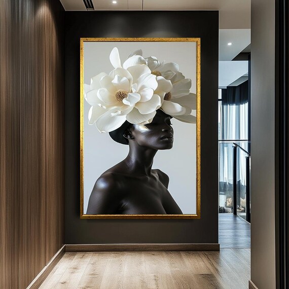 Elegant Black Woman with White Magnolias Floral Portrait Art Poster