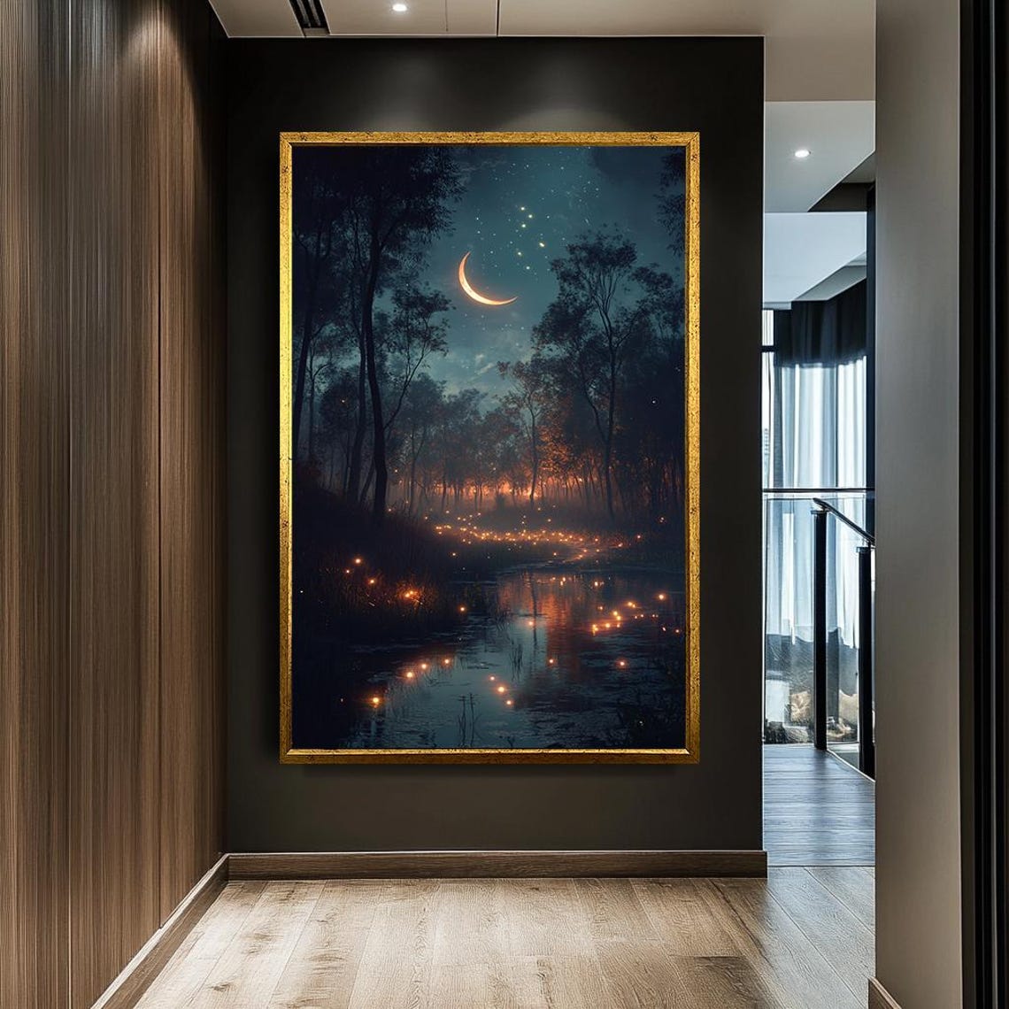 Crescent Moon Forest Lake Fireflies Dreamy Night Reflection Art Print - Image 2
