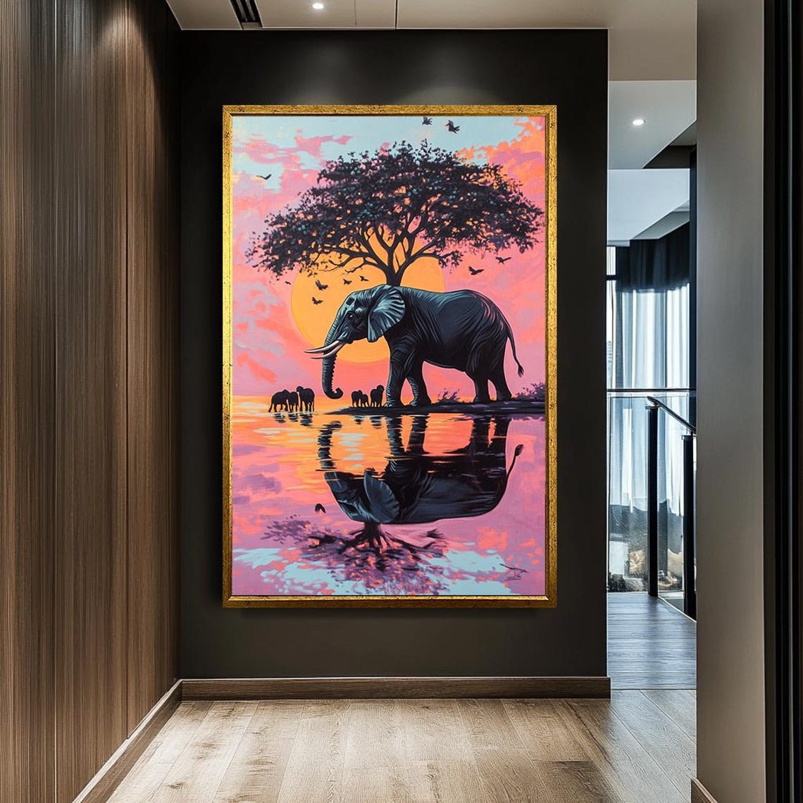 African Elephant Sunset Savanna Acacia Tree Water Reflection Print
