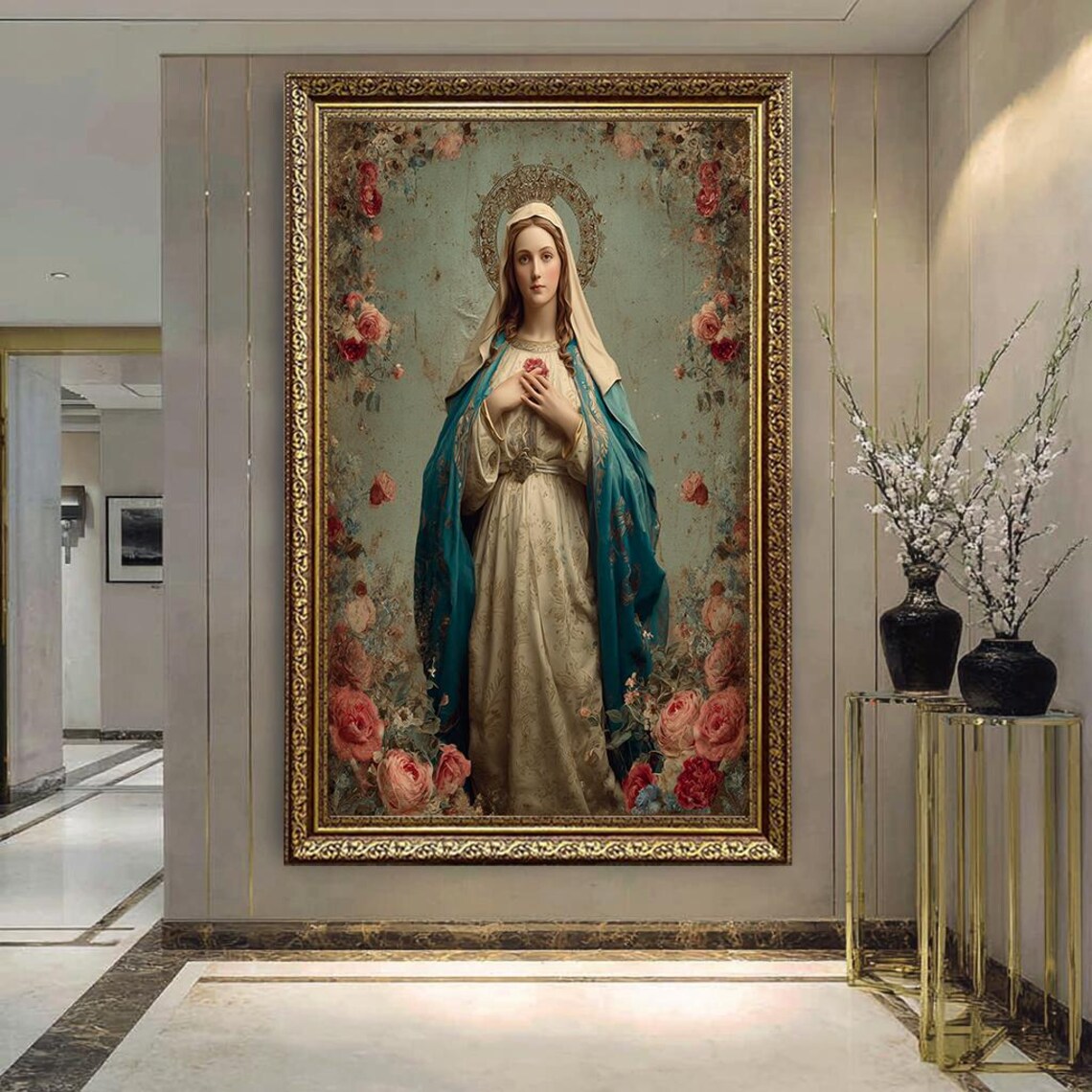 Virgin Mary With Floral Halo Vintage Catholic Religious Art Print