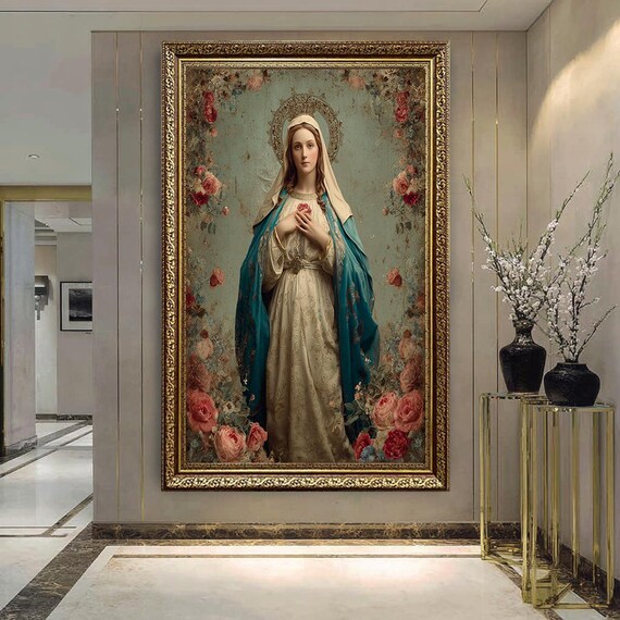 Virgin Mary With Floral Halo Vintage Catholic Religious Art Print