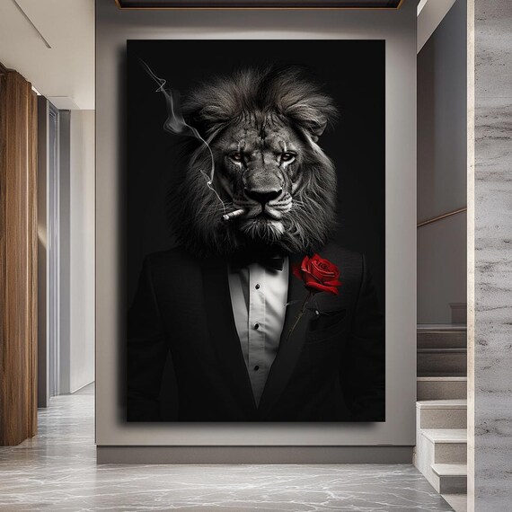 Dapper Lion Tuxedo Cigar Red Rose Sophisticated Animal Wall Art