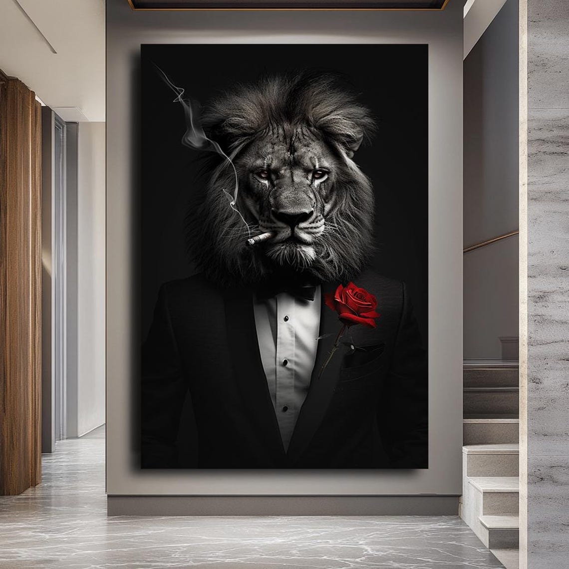 Dapper Lion Tuxedo Cigar Red Rose Sophisticated Animal Wall Art