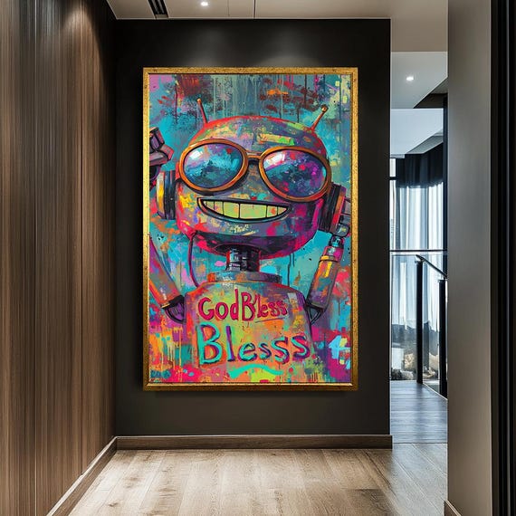 Colorful Robot Wall Art Vibrant Street Art Style God Bless Graffiti Art Large Modern Wall Decor Bold Pop Art For Kids Room