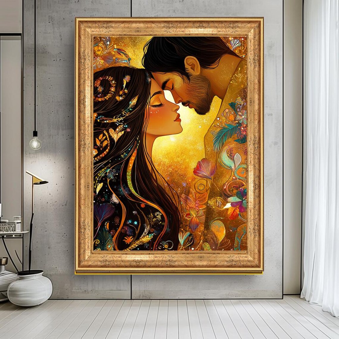 Golden Romantic Couple Tender Embrace Warm Floral Lovers Wall Art