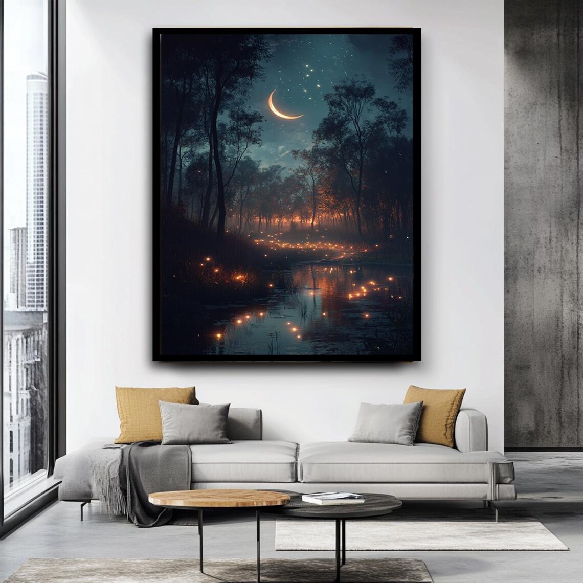 Magical Forest At Night With Crescent Moon Art Dreamy Fireflies And Reflection Wall Decor Mystical Landscape Art Print - Image 4