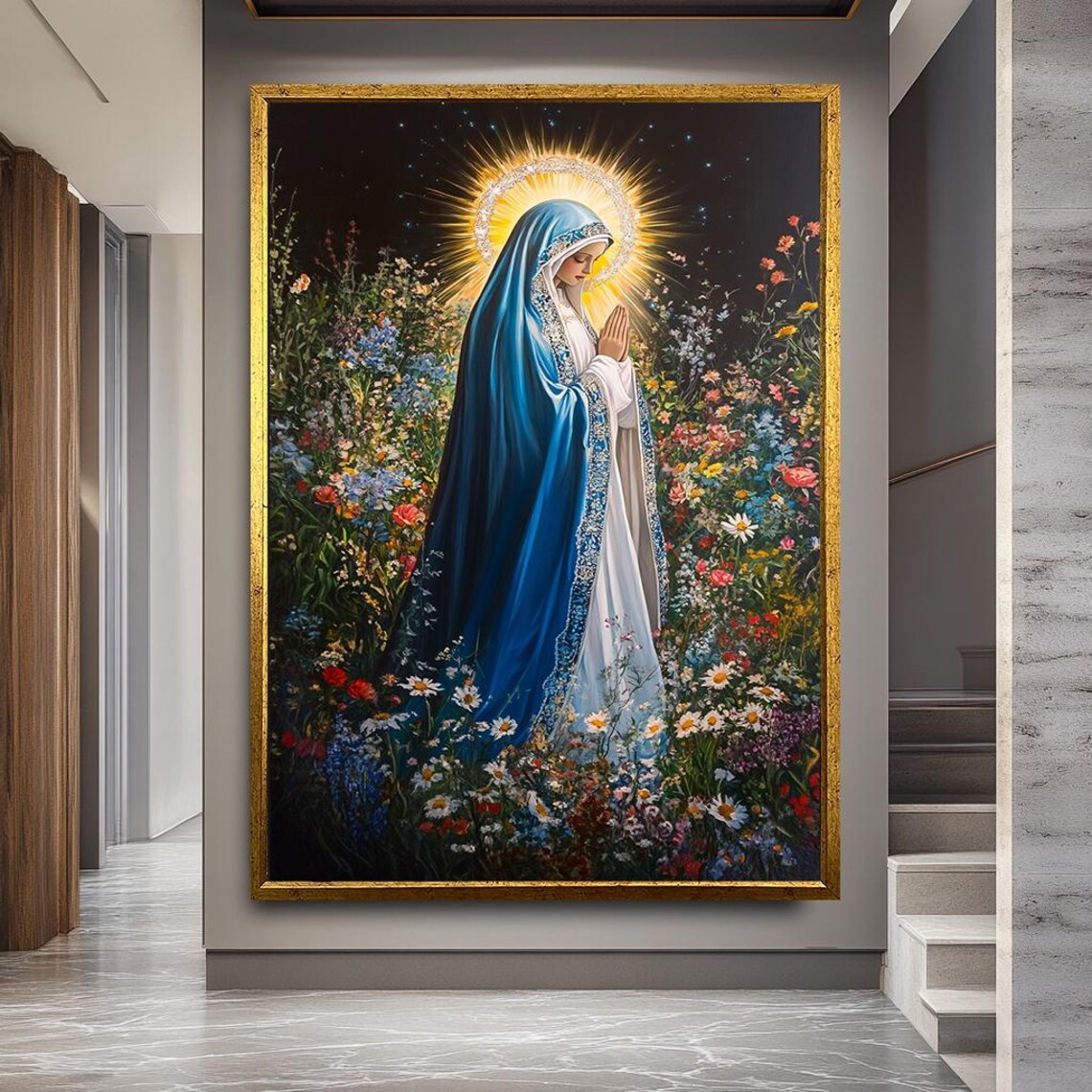 Virgin Mary Floral Religious Art Print for Home - Image 5