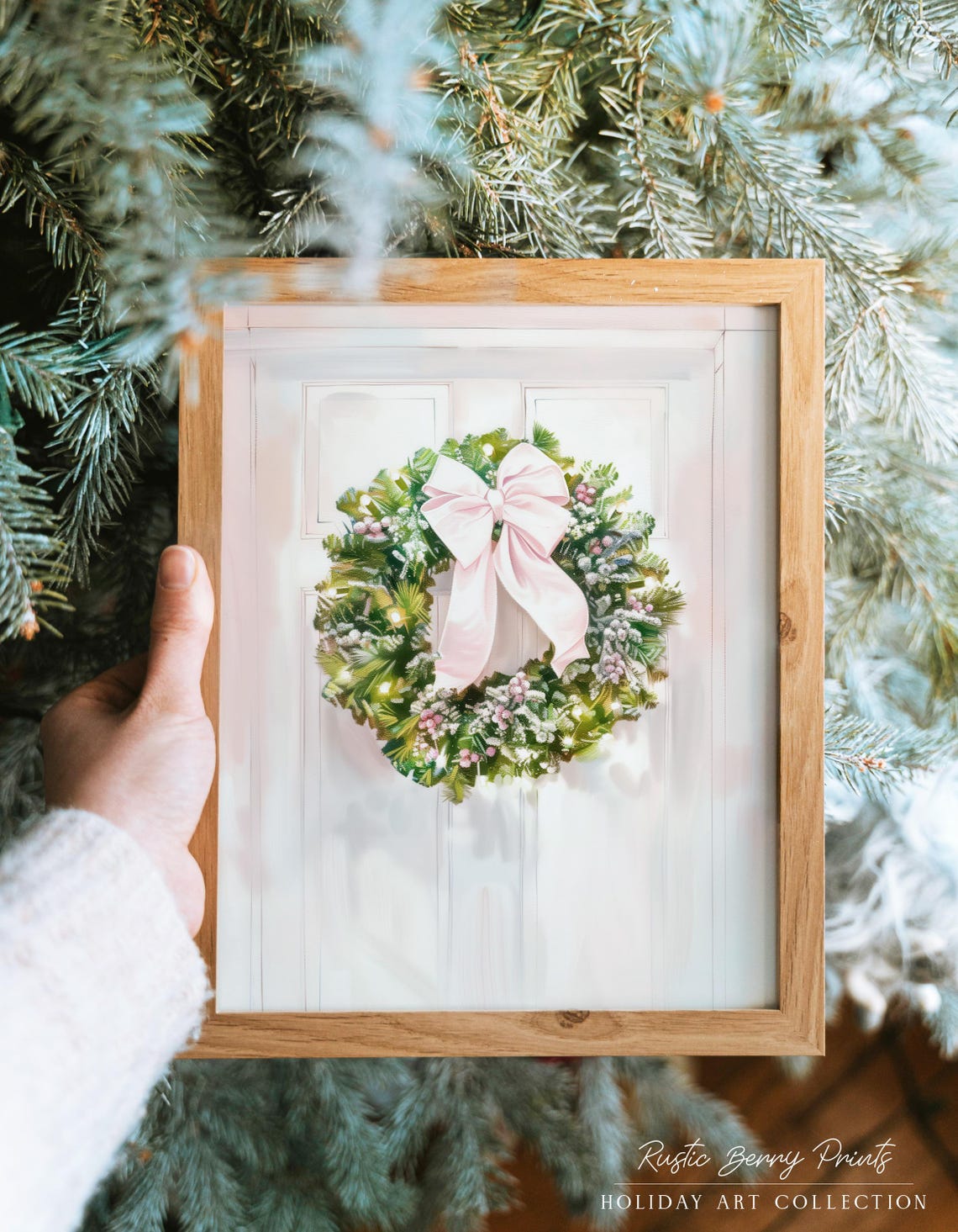 Pink Bow Christmas Wreath On White Door Holiday Wall Art Print