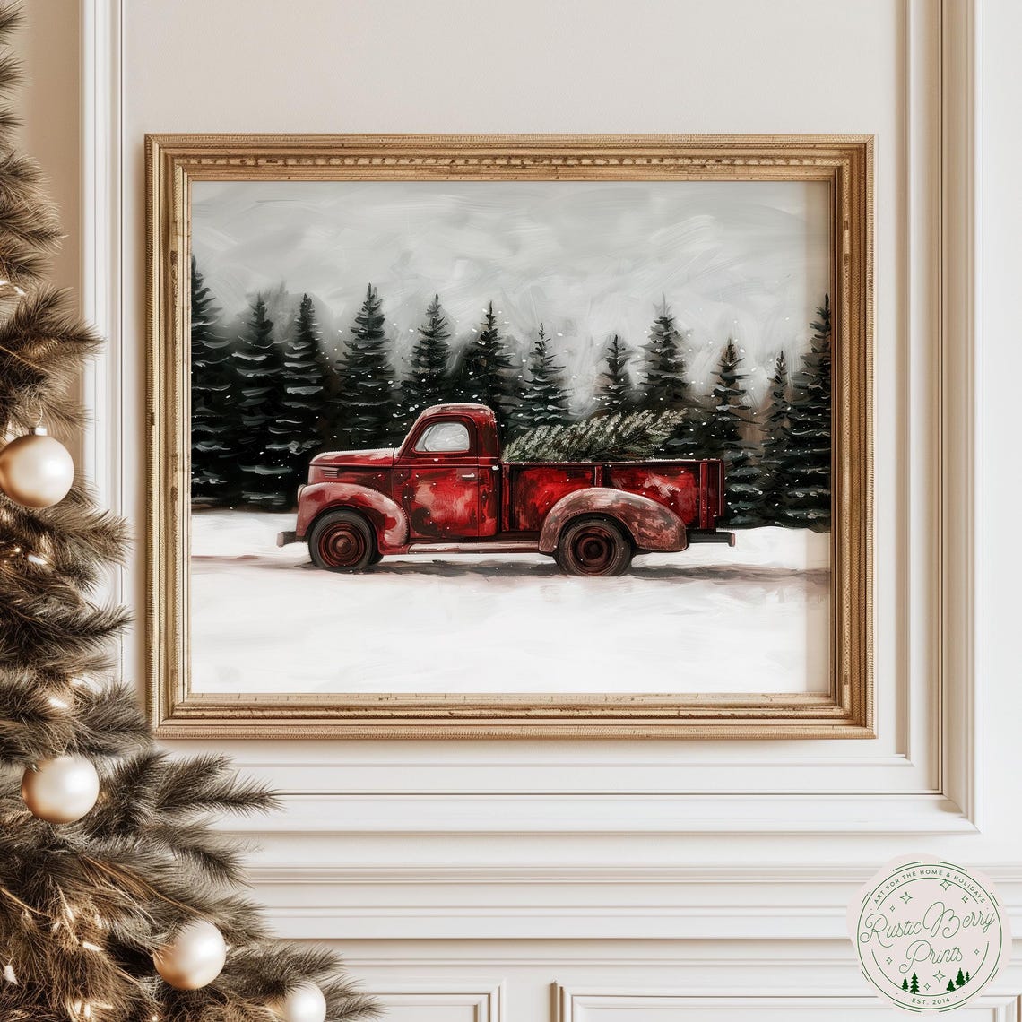 Classic Red Vintage Pickup Truck Christmas Tree Snow Scene Art Poster