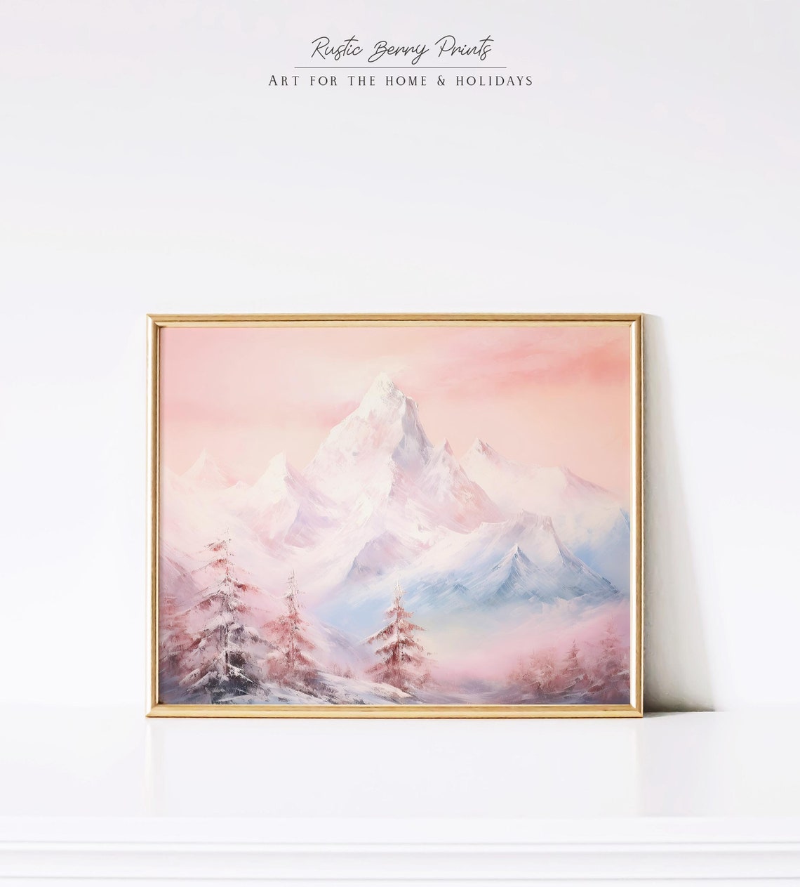 Pink Pastel Alpine Peak With Snowy Pines Dreamy Winter Mountain Poster