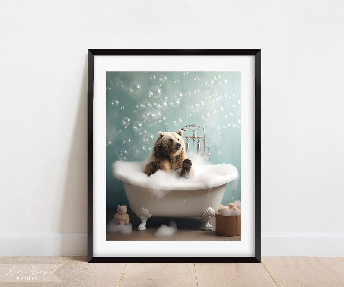 Grizzly Bear In A Bubble Bath Wall Art Clawfoot Tub Home Decor Bathroom Decor Cute Funny Instant