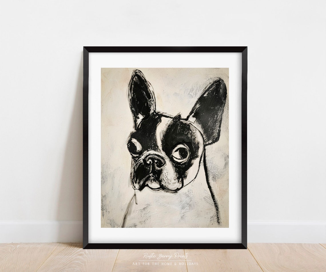 French Bulldog Quirky Black Ink Face Portrait Sketch Neutral Art Print - Image 3
