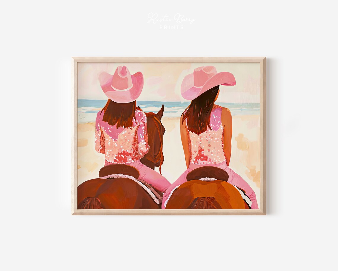 Pink Cowgirl Horseback Riders Beach Sunset Preppy Western Art Poster
