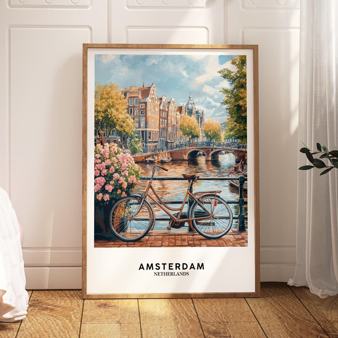 Amsterdam Netherlands Bicycle Bridge Canal Houses Travel Poster
