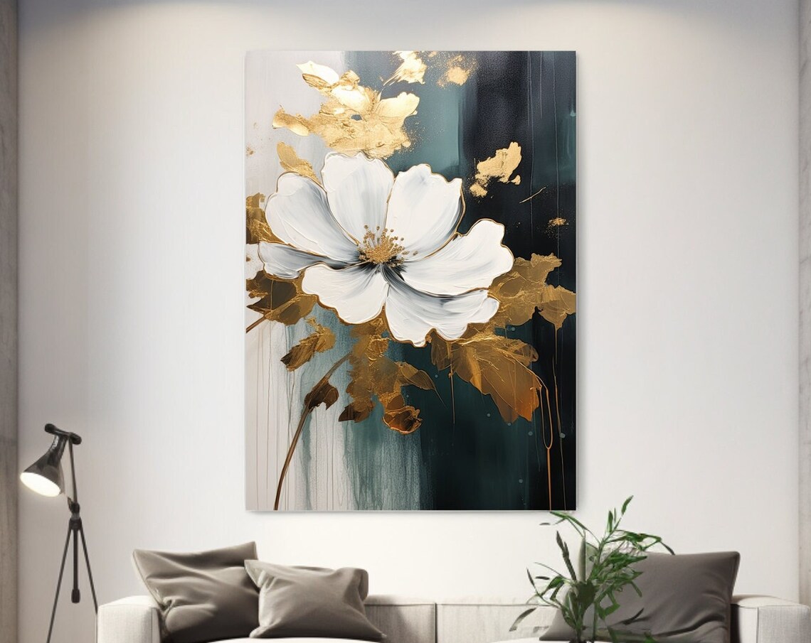 White Flower With Gold Leaves On Dark Teal Abstract Art Poster