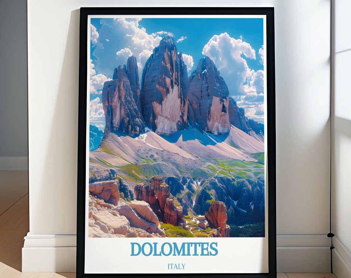 Dolomites Italy Towering Rock Spires Above Alpine Valley Poster