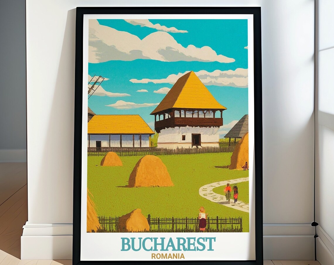Bucharest Romania Village Museum Wooden Houses Haystacks Poster
