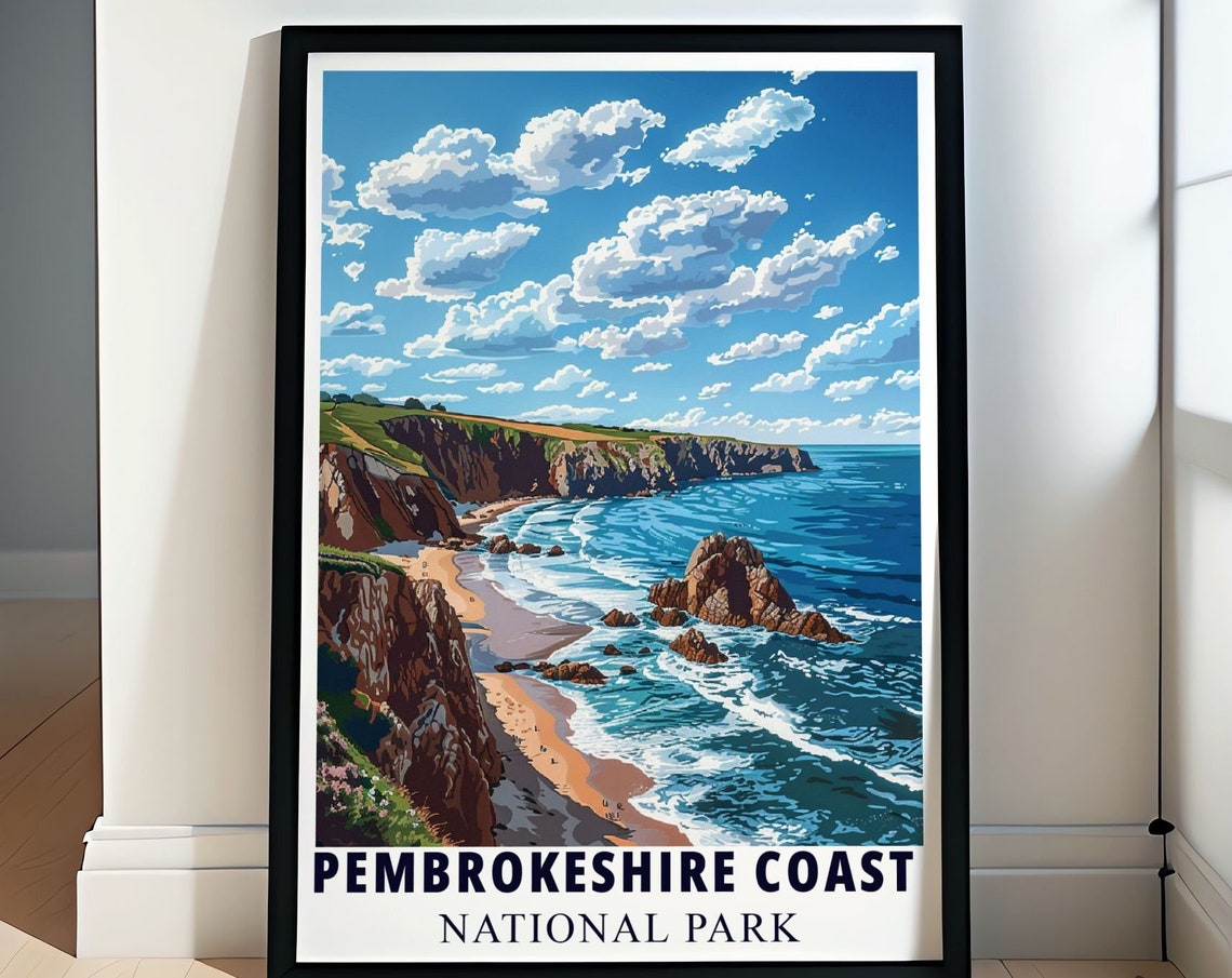 Pembrokeshire Coast Sandy Beach Rocky Cliffs Daytime Travel Poster