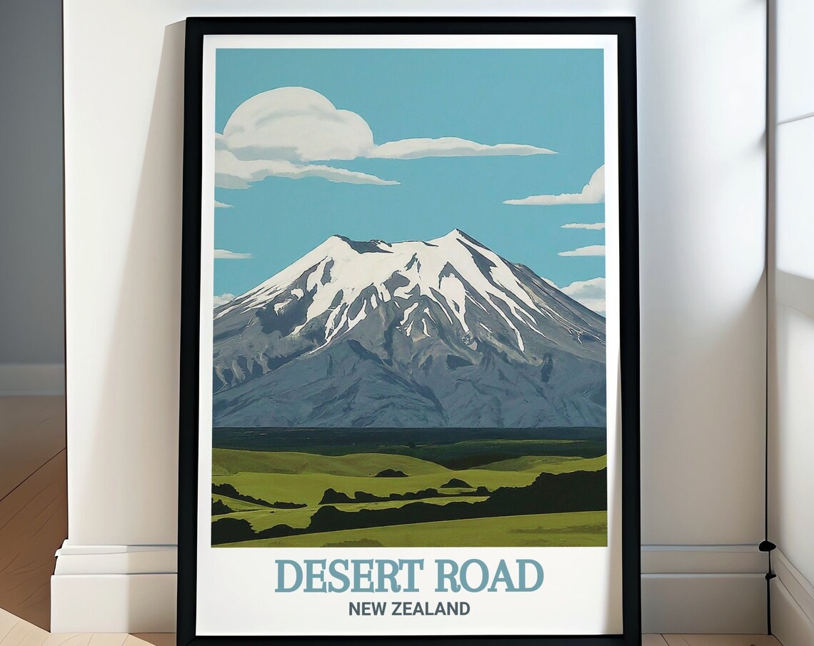 Desert Road Mount Ruapehu Green Fields New Zealand Volcano Poster