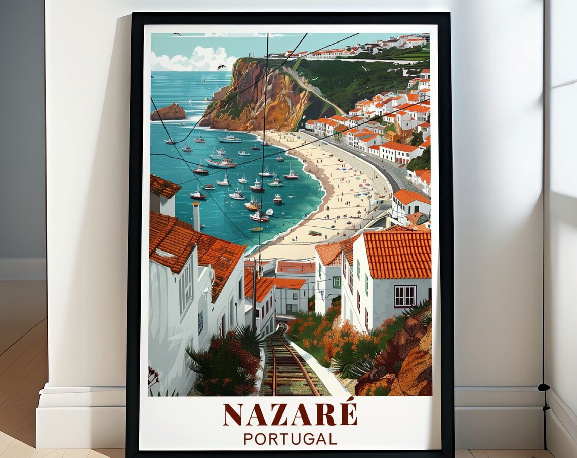 Nazaré Portugal Beach Bay Boats and Cliffside Funicular Poster