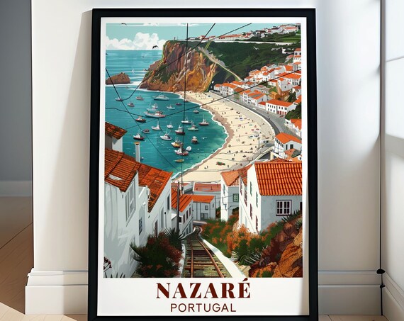 Nazaré Portugal Beach Bay Boats and Cliffside Funicular Poster