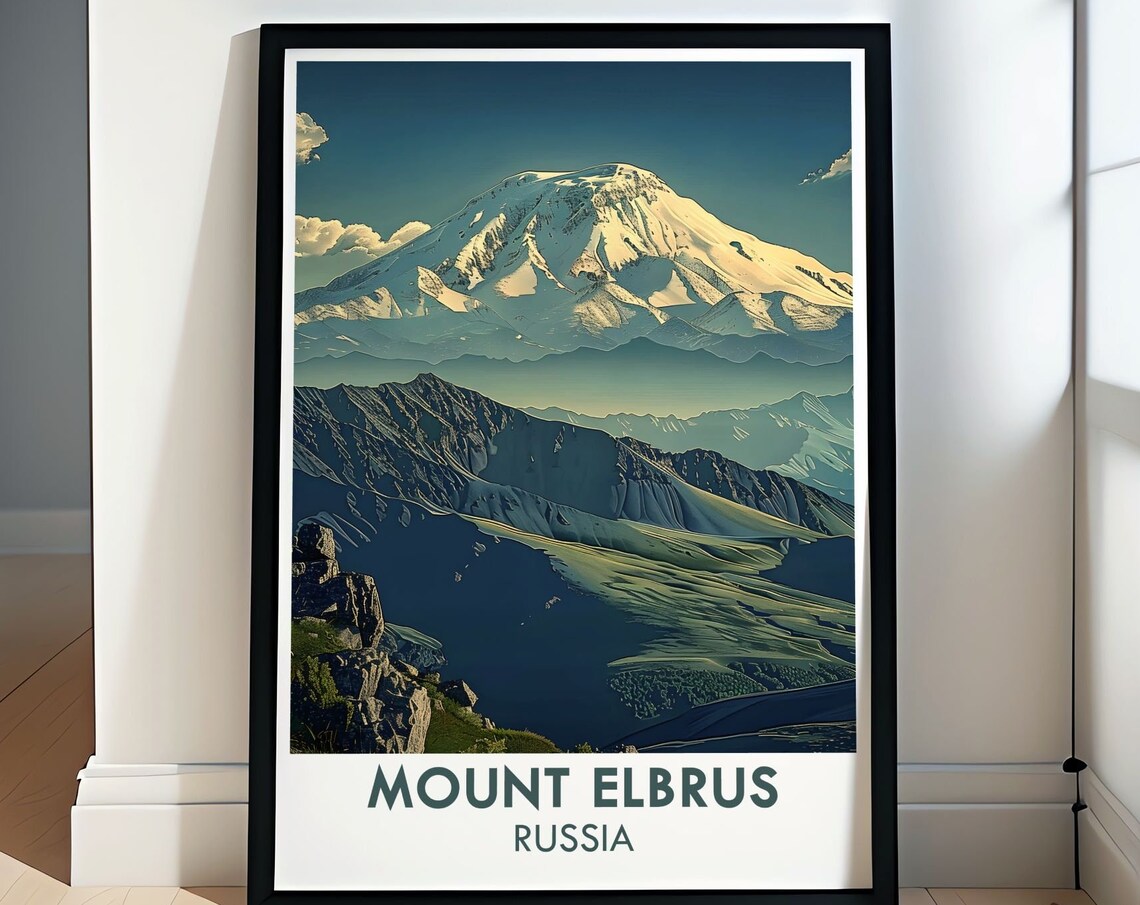 Mount Elbrus Russia Snowcapped Summit Above Layered Ridges Poster