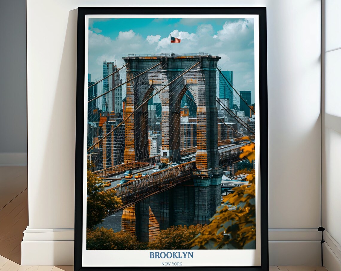 Brooklyn Bridge Tower Daytime View With US Flag Autumn Poster