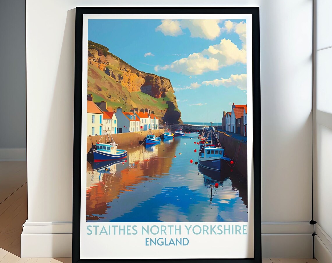 Staithes North Yorkshire Fishing Harbor Boats England Travel Poster