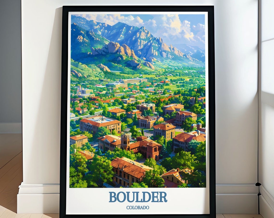 Boulder Colorado Flatirons Aerial Cityscape Retro Travel Poster