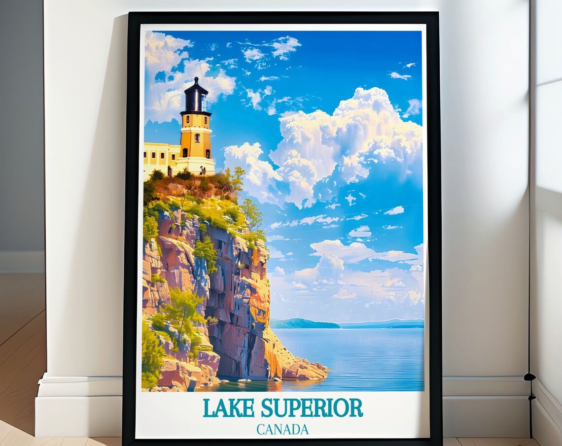 Lake Superior Canada Lighthouse Rocky Cliff View Travel Poster
