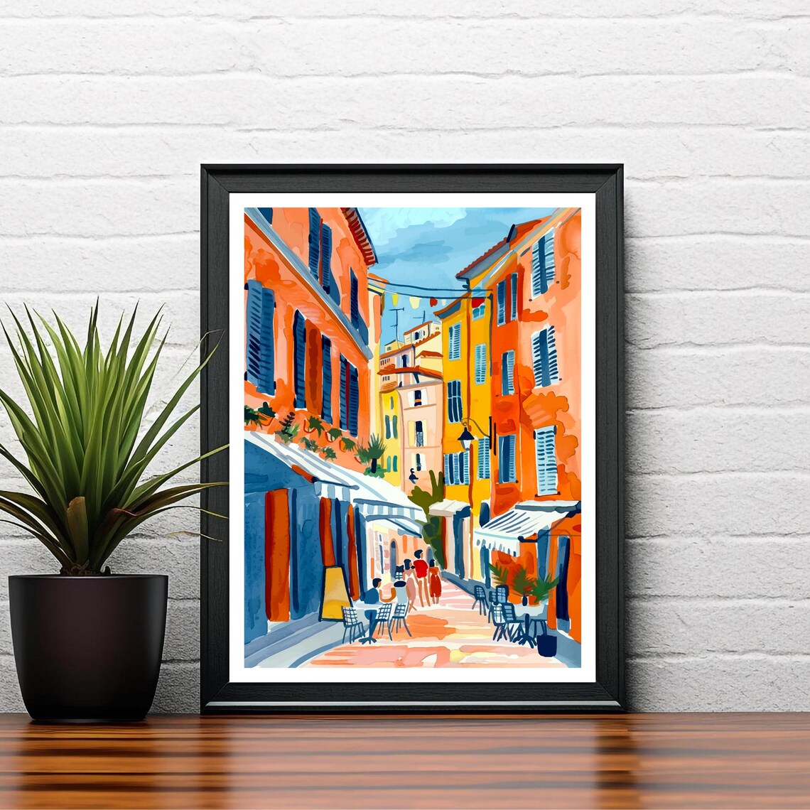 Nice France Old Town Cafe Street Colorful Shutters Scene Poster - Image 2