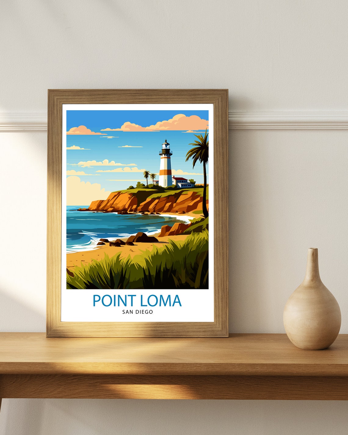 Point Loma San Diego Lighthouse Cliffs Palm Trees Coastal Art Poster - Image 3