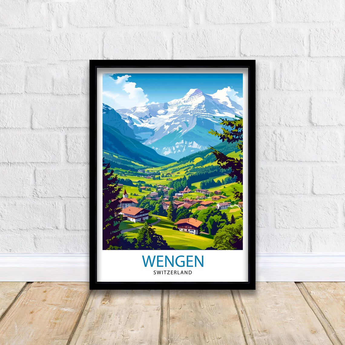 Wengen Switzerland Alpine Village Snow Capped Peaks Travel Poster