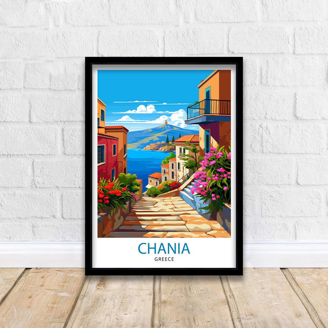 Chania Stone Steps Flowering Lane Sea View Crete Island Poster - Image 2