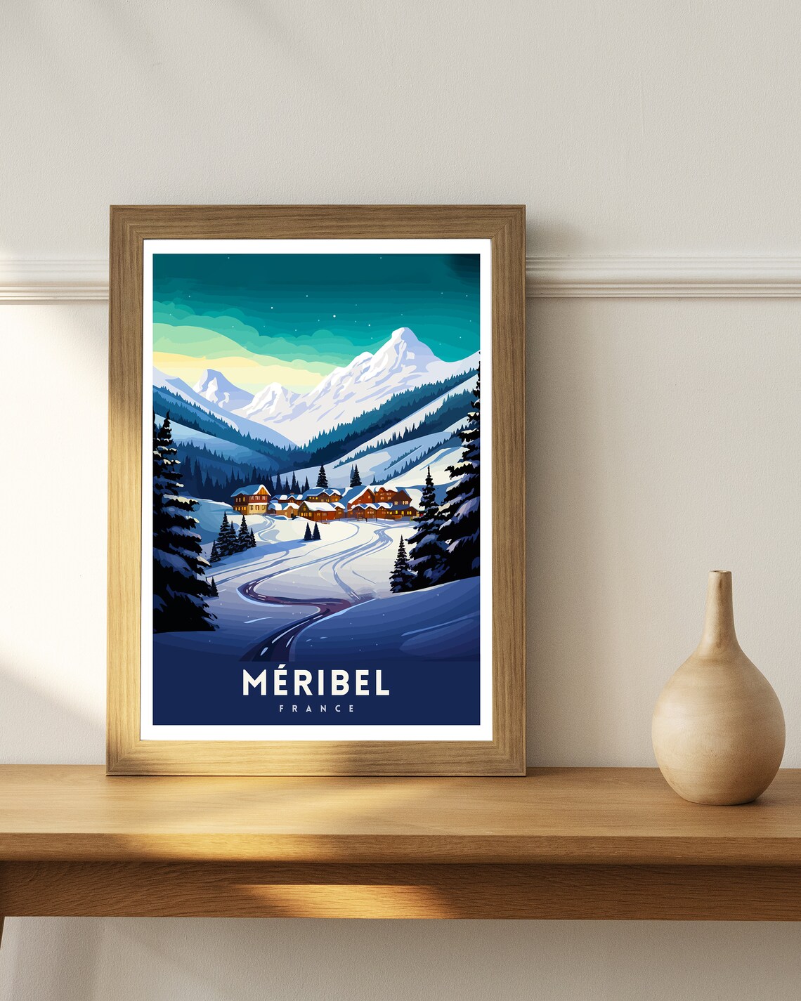 Meribel France Ski Village Night Peaks Winter Vintage Travel Poster - Image 2